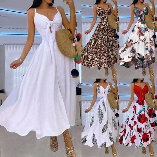 Vestidos De Mujer Vestidos largos al por mayor para Mujer con tirantes De flores verano Maxi elegante Casual Boho vacaciones vestido blanco Vestidos De Mujer