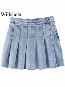 Robes Willshela femmes mode Denim bleu clair solide plissé côté fermeture éclair Mini jupe Vintage taille haute femme Chic dame jupe