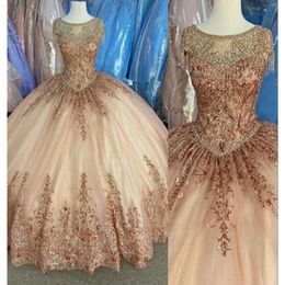 Jurken met gouden champagne quinceanera pailletten applique schep nek kwast kralen vloer lengte tule korset terug zoet 16 feest prom ball avondvestidos