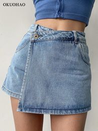 Vestidos femininos casuais cintura média saia jeans desgastado aline denim saia curta verão magro y2k pacote hip jean saia curta moda calças largas