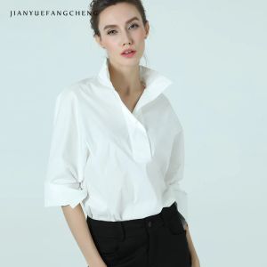 Jurken Vrouwen Katoen Witte Blouse POLO Shirt Stand Kraag Negen Kwart Mouw Plus Size Elegant Office Dames Formele Kleding Werken tops