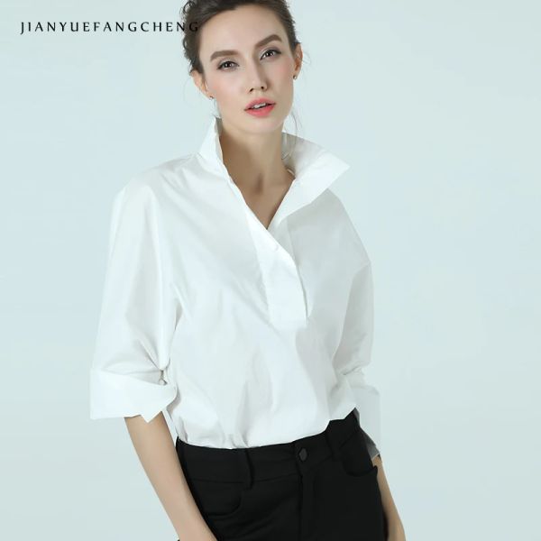 Robes Femmes Coton Blanc Chemisier POLO Col Montant Manches Neuf Quarts Grande Taille Élégant Bureau Dames Robe Formelle Hauts De Travail