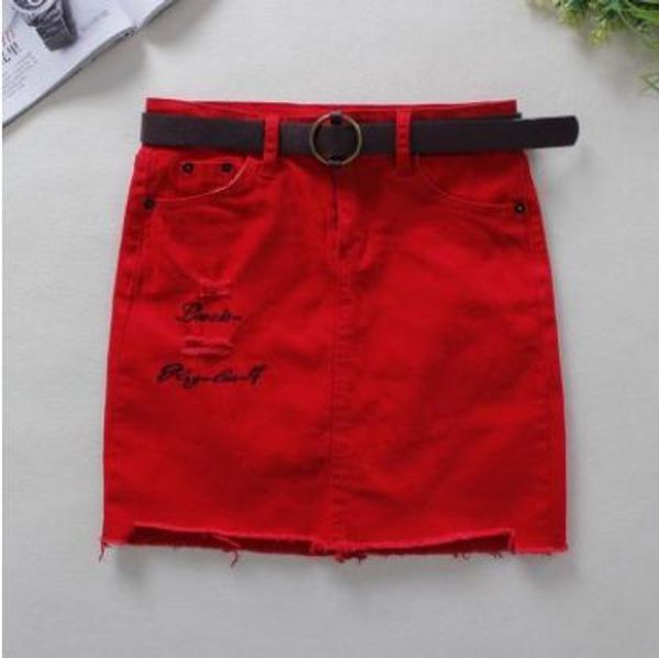 Robes Femmes broderie Denim jupe crayon maigre rouge déchiré au-dessus du genou Mini jupe courte Saias jupe en jean extensible sans ceinture J2889