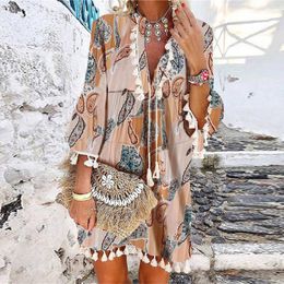 Jurken Women Floral Print 3/4 Sleeve Mini Dress 2021 Spring V Neck Tassel Vintage feestjurk Casual Loose Summer Beach -jurken Vestido