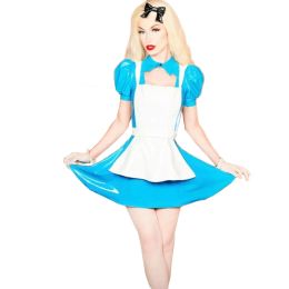 Jurken Dames Franse Sissy Maid Dress Korte Pofmouwen Mini-jurken Lolita PVC Leer ALine Rok Sexy Party Clubwear Met Schort 7XL