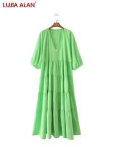 Robes femmes herbe vert col en V à volants robe été femme lanterne manches Midi robes LUJIA ALAN D9383
