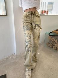 Платья женские длинные прямые джинсы 2022 новые женские хлопковые джинсовые брюки с граффити тонкие брюки полной длины с высокой талией