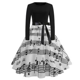 Vestidos Mujer manga larga invierno Vintage Vestidos Sexy negro música nota estampado Vneck Rockabilly Pin up vestido de fiesta Vestidos de talla grande