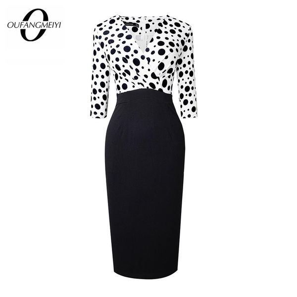 Robes Femme Office Lady V Neck 3/4 Polka à manches Porèmes portes portant pour travailler Bodycon Crayer Robe EB727