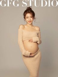 Dresses Women Photography Props Maternity Dresses Pregnancy Knitted Khaki Tops Skirt 2pcs Set Casual Studio Photoshoot Clothes Korean
