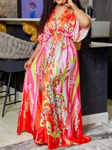 Robes Femmes Robe Imprimée Col en V Manches Chauve-Souris avec Ceinture Fente Sexy Été Plage Porter Robes Maxi Longues Robes Dames Africaines Rétro