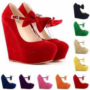 Vestidos, zapatos de tacón para mujer, cuñas de 14CM, tacones altos, zapatos de mujer con lazo, punta estrecha, zapatos de vestir de boda de San Valentín