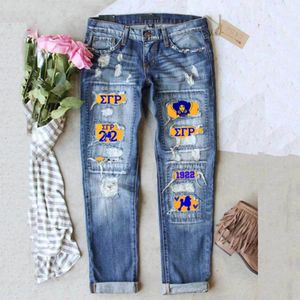 Jurken Dames middentaille Sgr Poodle 1922 Gedrukte Sticker Hole Washed Jeans voor dames