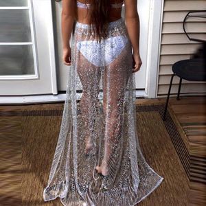 Vestidos de las mujeres transparentes ver a través de al aire libre sexy plisado plisado falda de tul mujer ropa de cintura alta lentejuelas brillantes skort mujeres