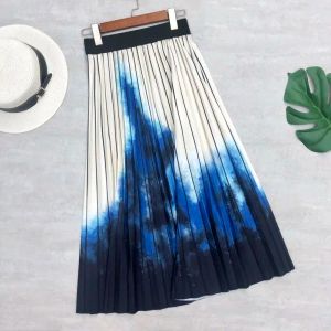 Robes Femmes Printemps Automne Jupe plissée Tie Dye Stripe Printing Aline Long jupe Bureau Lady Elegant Fashion Blue Jupe MIDI JURTS