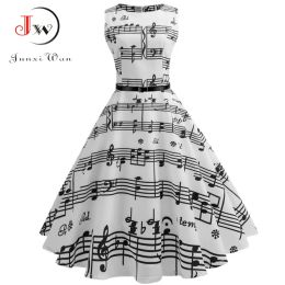 Robes Femmes D'été Note de Musique Imprimé Robe Robe Rétro Swing Décontracté Vintage Sans Manches Oneck Swing Robes Robes