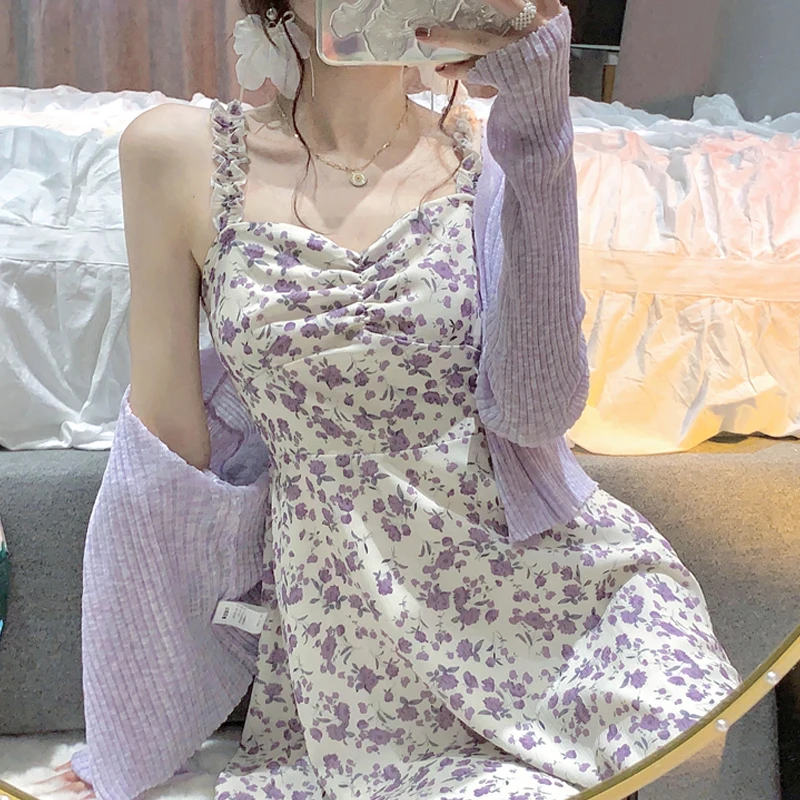 Sukienki Słodki w stylu koreańskich dziewcząt kwiatowe spaghetti paski wysokiej pary letnia elastyczność mini vestdios żeńska japońska wersja