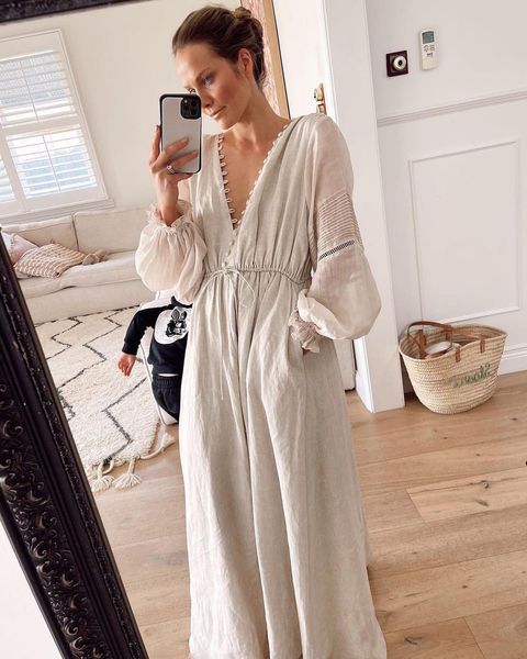 Robes femmes col en V 100% lin vénus déesse robe lanterne manches haute qualité Maxi longue robe