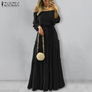 Jurken Dames Strandvakantie Ruche Gewaad Boheemse Lange Maxi-jurk Zanzea Mode Off-shoulder vestidos Vrouwelijke kanten jurken met riem