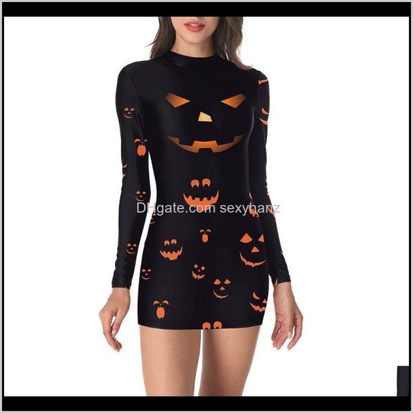 Vestidos Ropa para mujer Ropa Entrega de entrega 2021 Halloween Mujeres Manga larga Dibujos animados Calabaza Imprimir Party Club Mini Bodycon Plus Tamaño Fashio