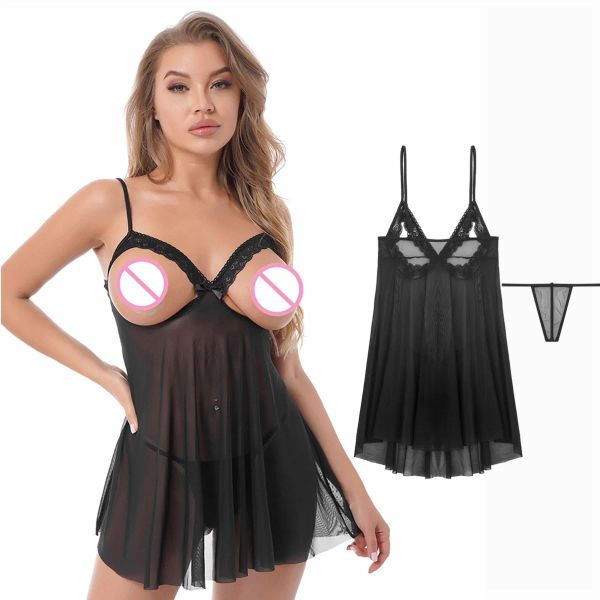 Vestidos Babydolls eróticos para mujer Vestido de malla transparente Ropa de dormir Lencería Adornos de encaje Copa abierta Babydolls Vestido con tirantes finos y tanga