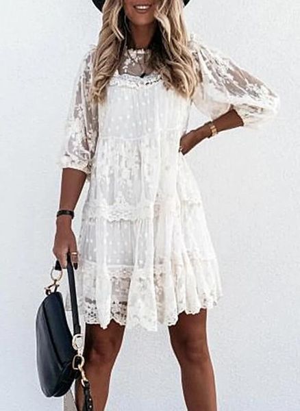 Wywmy – robe d'été en dentelle blanche pour femmes, élégante, décontractée, manches trois quarts, ample, Vintage, Sexy, robe de soirée
