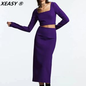 Jurken Xeasy Damespak Tweedelige set Damesrok Vierkante kraag Bijgesneden top Paarse lange rok en topsets Vintage dames casual pakken