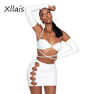 Jurken Xllais Off-shoulder witte bijpassende sets Kriskras-top en uitgeholde minirok Tweedelige sexy outfits voor dames