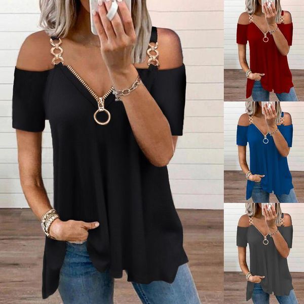 Vestidos XS5XL Moda Mujer Verano Blusa Casual Cadena Hombro Frío Llano Negro Manga Corta Camiseta Sexy Color Sólido Vneck Tops