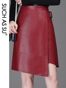 Vestidos Y2k Irregular 2021 PU Falda de cuero Mujeres Negro Rojo Verde Caqui Marrón Cintura alta Asimétrica S3XL Tamaño Otoño Falda femenina