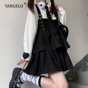 Jurken yangelo kawaii zwarte rucheslaag lolita jurk dames herfst Japans zacht meisje mouwloze riem schattige mini jurk preppy stijl