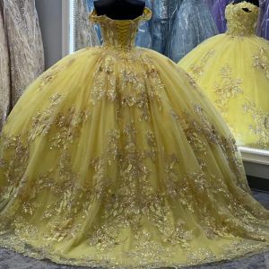 Jurken Geel glanzende prinsesbaljurk Quinceanera kleedt uit schouder kanten appliques kralen Vestidos de 15 anos zoete 16e jurk