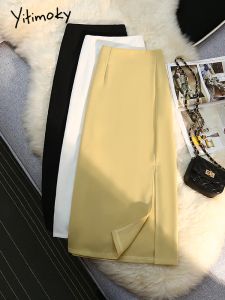 Jurken Yitimoky Kantoor Dames Pakken Rokken 2022 Lente Zomer Zijsplit Hoge Kwaliteit Wit Zwart Geel Koreaanse Mode Werk Midi Rok