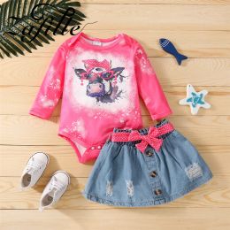 Jurken zafille baby denimjurk 2022 schattige bull's head bodysuit+bowknot rokken set 2pcs baby suit 018m peuter babymeisjes kleren set