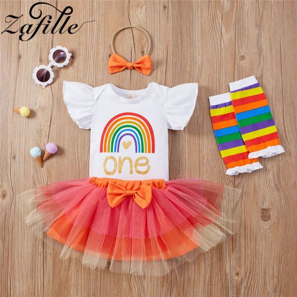 Robes ZAFILLE bébé fille vêtements ensemble nouveau-né été bébé fille premier anniversaire tenue 4 pièces arc-en-ciel barboteuse body + maille princesse jupes