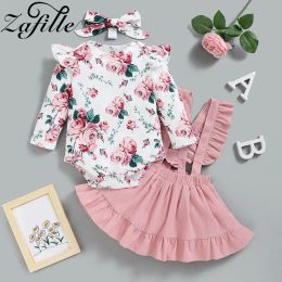 Robes ZAFILLE Flroal bébé fille vêtements ensemble hiver Rose Rose body barboteuse + bretelles jupes + bandeau enfant en bas âge enfants vêtements fille robe