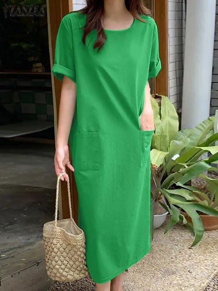Robes ZANZEA robes vertes femmes mode d'été Robe de couleur unie à manches courtes col rond Robe Vestidos casual vacances Robe d'été Sarafans