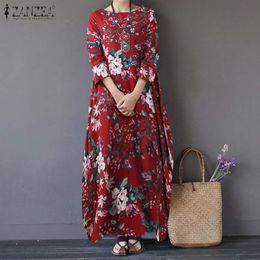 Jurken Zanzea Vrouwen Vintage Gedrukt Maxi Lange Jurk Herfst 3/4 Mouwen Katoen Linnen Jurken Vestido Losse Kaftan Zonnejurk Gewaad