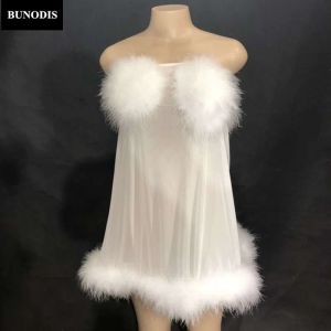 Jurken ZD432 vrouwen sexy wit pluisje net garen transparante rok mouwloze nachtclub feest podium slijtage zanger danseressende kostuums