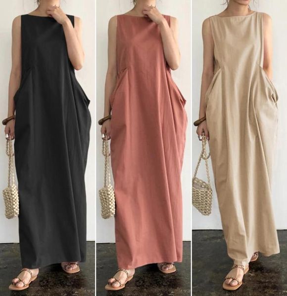 Dresseselegant Dresses Solid Maxi Women039s Summer Sun Zanzea 2021 Casual sin mangas Sarafans Vestidos Femenino de algodón más 3967563