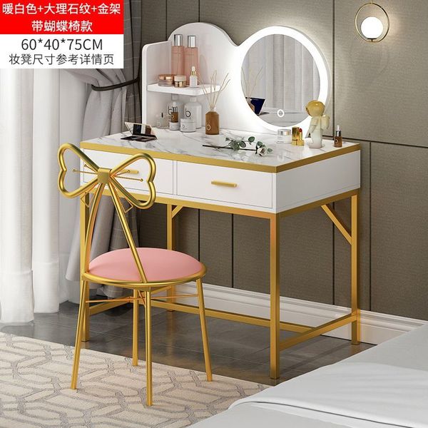 Table de coiffeuse avec tabouret, table de maquillage, avec des ampoules LED, miroir, pour la chambre, dressing, blanc et or