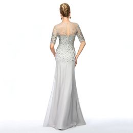 Dressv gris longue mère de la robe de mariée bijou cou gaine demi manches perles en mousseline de soie personnalisé fête de mariage mère Dress303D