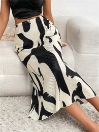 Elegante impresa gráfica casual plisada falda larga de otoño geometría de cintura elástica midi streetwear 2023 240418