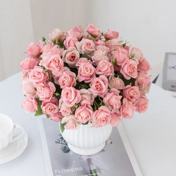 Flores secas 15 cabezas de flores artificiales de seda rosa ramo de novia mesa de boda jarrón de fiesta accesorios de decoración del hogar interior corona de Navidad 231013