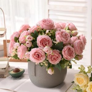 Fleurs séchées 30 cm Rose Rose Bouquet de soie pivoine fleur artificielle 5 grande tête 4 petit bourgeon mariée mariage décoration de la maison 231130