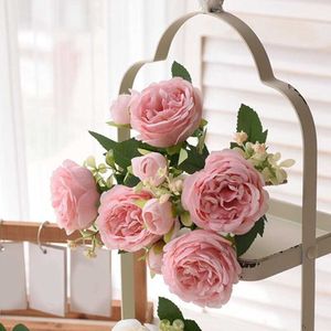 Fleurs séchées 30cm Rose Bouquet de soie pivoine fleur artificielle grande tête 4 petite mariée mariage décoration de la maison