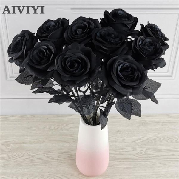 Fleurs séchées 5pcs 89cm Soie Noir Rose Fleur Artificielle Tête Bouquet Maison Salon Désherbage Décoration De Noël Année 230923