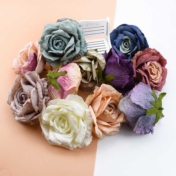 Fleurs séchées 5 pièces 9CM Roses en soie plantes décorations murales de noël pour la maison bricolage cadeaux de mariage main tenant matériel artificiel pas cher