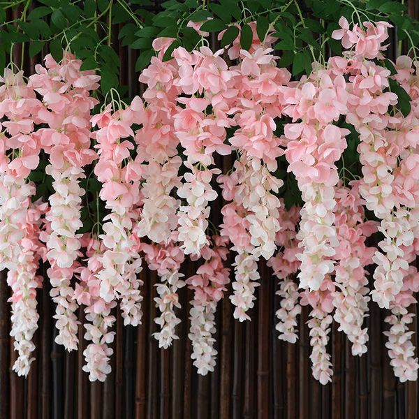 Flores secas 6 piezas de glicina blanca de seda artificial rama larga boda hogar telón de fondo decoración pared colgar guirnalda guirnalda mesa organizar