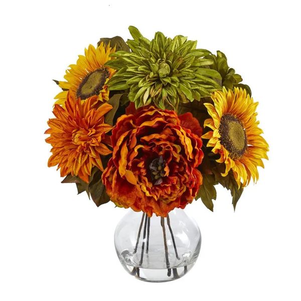 Fleurs séchées Arrangements floraux artificiels de pivoines dahlias et tournesols dans des vases en verre aux multiples couleurs 230714